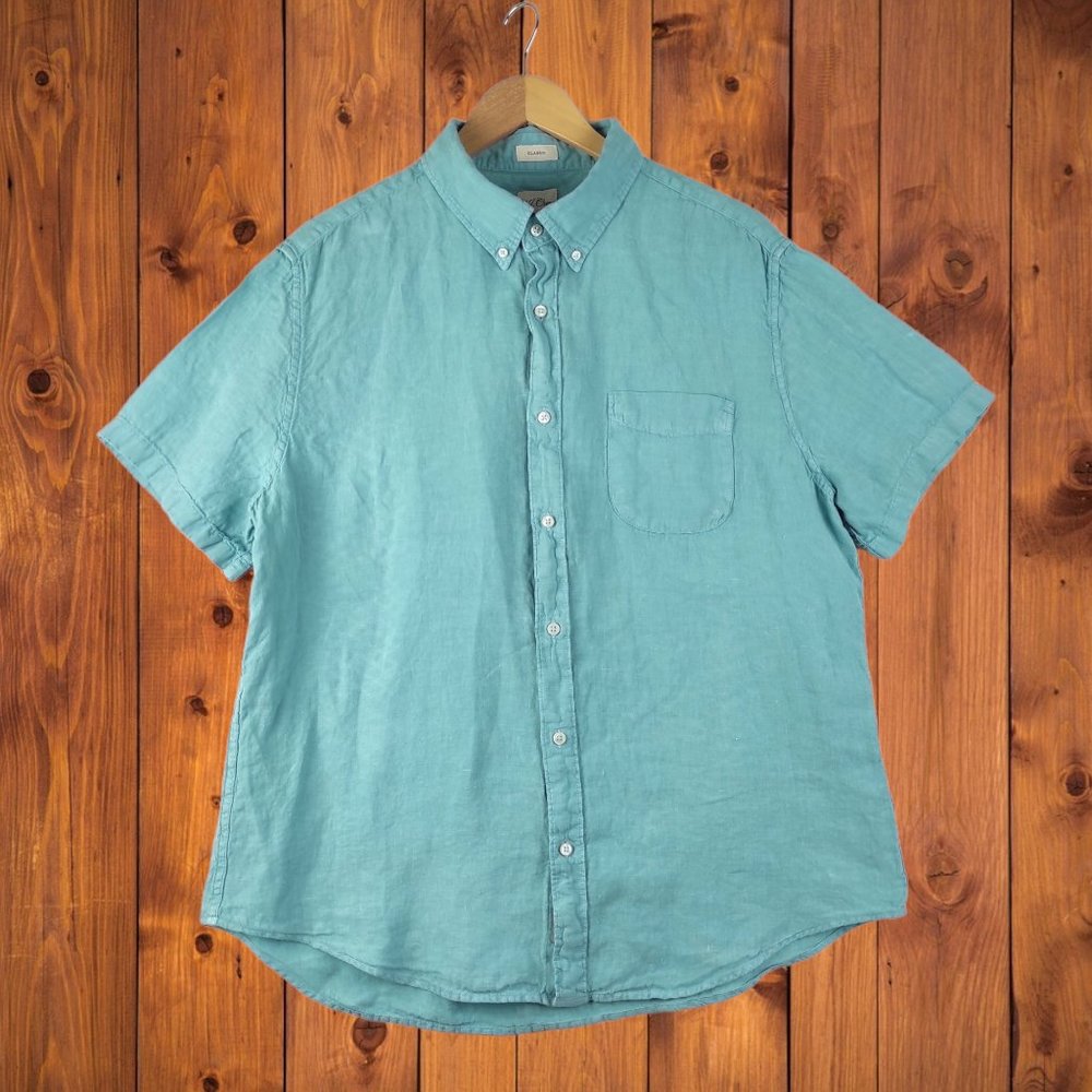 J. Crew Irish Linen Baird McNutt Classic Short Sleeve Button Up Shirt XL Blue